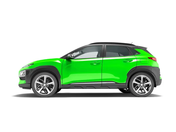 现代绿色汽车交叉侧面视图3D 渲染白色背景与阴影 — 图库照片