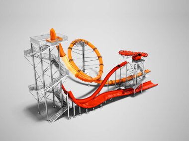 Modern cazibe kırmızı ve turuncu su su parkı perspektif 3d render için gölgeli gri arka plan üzerinde slaytlar