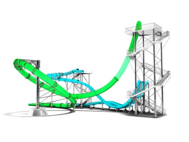 Beyaz bir arka planda gölge ile 3d rendering için bir su parkı için modern yeşil mavi su roller coaster rides