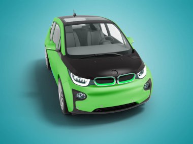 Modern yeşil elektrikli otomobil için izole yaz 3d render gölge ile mavi arka plan üzerinde siyah insets ile
