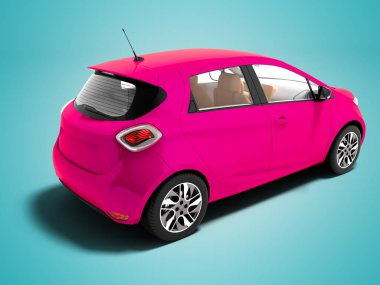 Modern pembe elektrikli otomobil için yaz gezileri izole 3d render gölge ile mavi arka plan üzerinde
