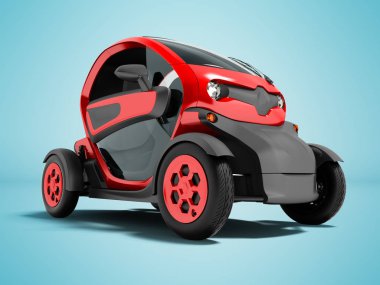 Modern kırmızı elektrikli otomobil için iki salon 3d render koltuklarda şehir gezilerine gölge ile mavi arka plan için