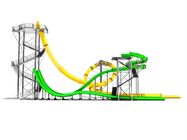 Modern iki sarı ve yeşil su slaytlarda su parkı için yan 3d render gölge beyaz zemin üzerine