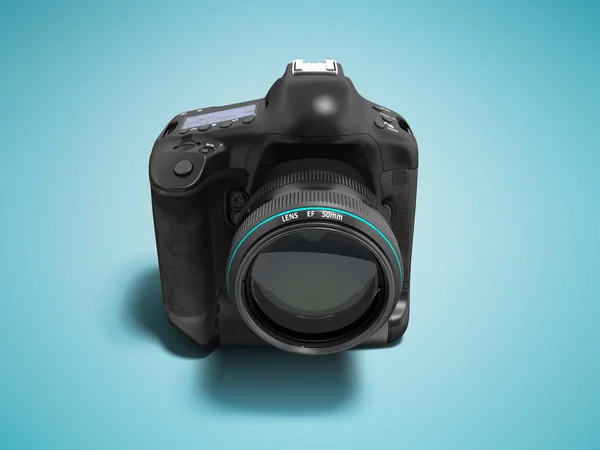 Modern black camera with blue insets isolated in front 3d render on blue background with shadow