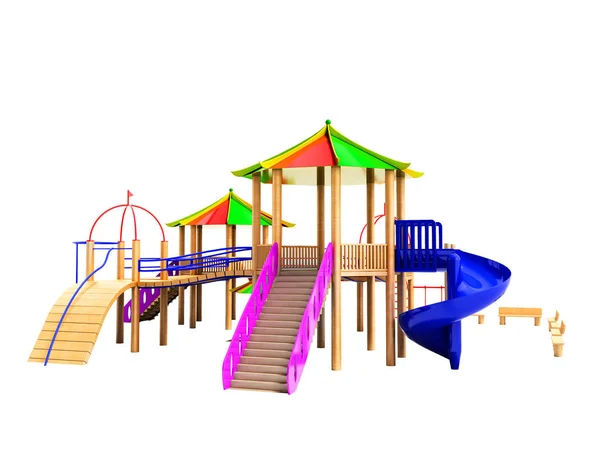 Nowoczesny Kompleks Drewnianym Placu Zabaw Dla Dzieci Zjeżdżalniami Oraz Kolejek — Zdjęcie stockowe