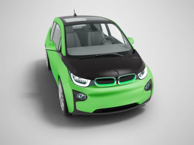 Modern yeşil elektrikli otomobil için izole yaz 3d render gölge ile gri arka plan üzerinde siyah insets ile