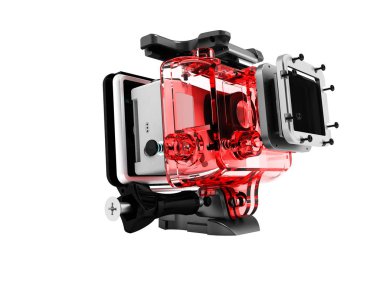 Aşırı gevşeme 3d render için modern kırmızı kamera beyaz arka plan üzerinde hiçbir gölge izole.