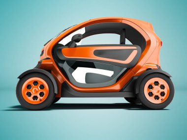 Salonda iki koltuk şehir gezilerine gölge ile mavi arka plan üzerinde sol 3d render için modern turuncu elektrikli otomobil