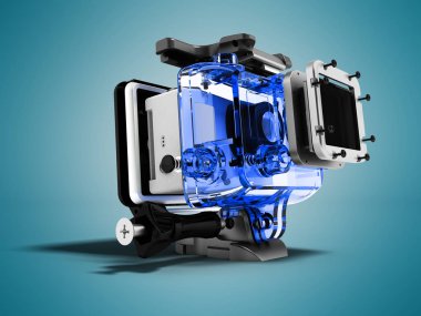 Modern beyaz vücut aşırı dinlenmek için mavi çerçeve içinde gölgeler ile mavi arka plan üzerinde 3d render demonte