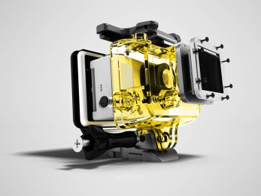 Modern sarı kamera için aşırı gevşeme gölge ile gri arka plan üzerinde 3d render sökülmüş