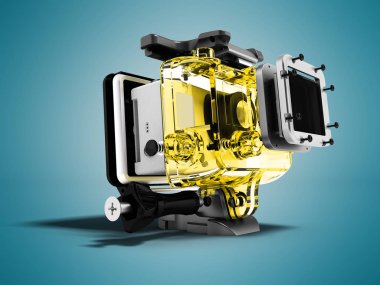 Modern sarı kamera için aşırı gevşeme gölge ile mavi arka plan üzerinde 3d render sökülmüş