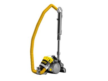 Modern sarı elektrikli süpürge Siklon filtre siyah ile beyaz arka plan üzerinde 3d render yok gölge ekler.