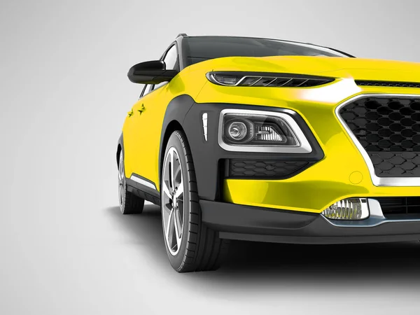 Modern Yellow Car Crossover Travel Black Insets Front Render Gray — Stock Photo, Image