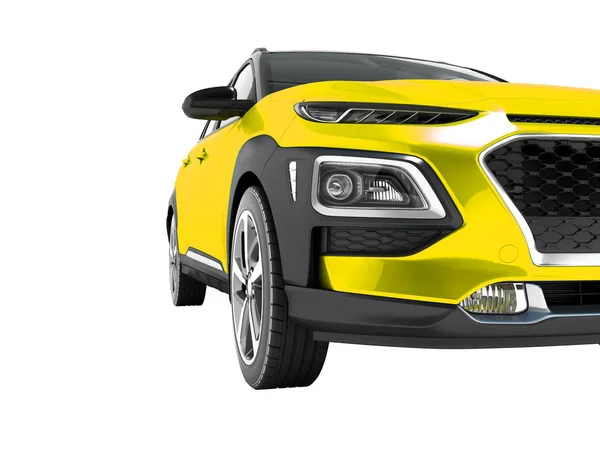 现代黄色汽车交叉移动与黑色镶嵌在前面3D 渲染白色背景无阴影 — 图库照片