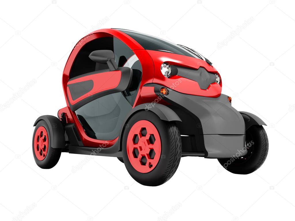 Modern red electric car for city trips to two seats in salon 3D render on white background no shadow