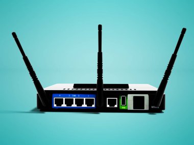 Modern siyah wifi yönlendirici üç antenler 3d render gölge ile mavi arka plan üzerinde arkasında üç bilgisayara