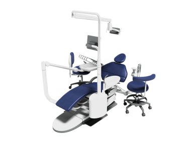 Beyaz Modern mavi diş sandalyeyle iki sandalye beyaz arka plan üzerinde 3d render ile tripod monitörde hiçbir gölge ekler