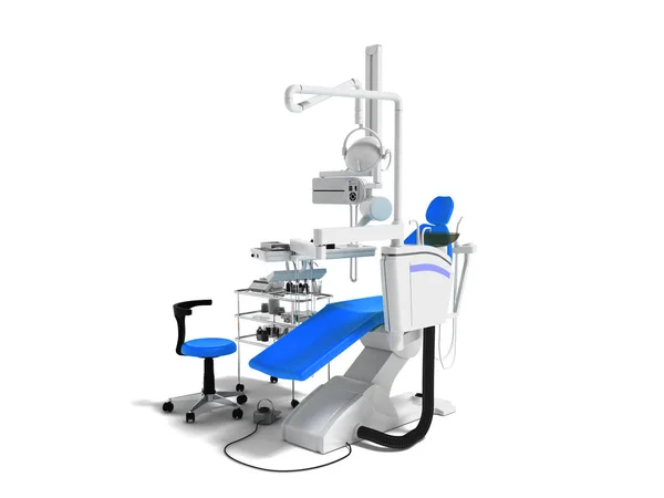 现代蓝色扶手椅为牙医与白色床边桌与工具和背光为牙科工作3D 渲染白色背景与阴影 — 图库照片