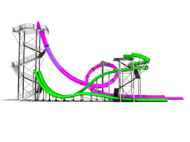 Gölge beyaz zemin üzerine modern iki mor ve yeşil su kaydırağı 3d yan tarafında bir aquapark için render