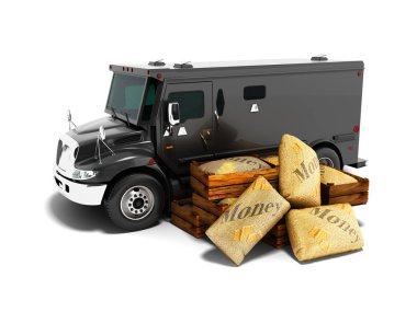 Çanta 3d render gölge beyaz zemin üzerine de para taşıma için Modern siyah Zırhlı kamyon