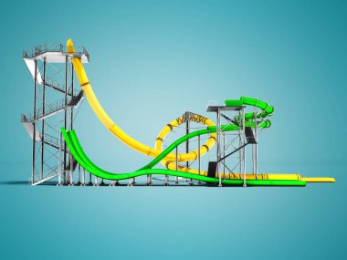 Modern iki sarı ve yeşil su slaytlarda su parkı için yan 3d render gölge ile mavi arka plan üzerinde