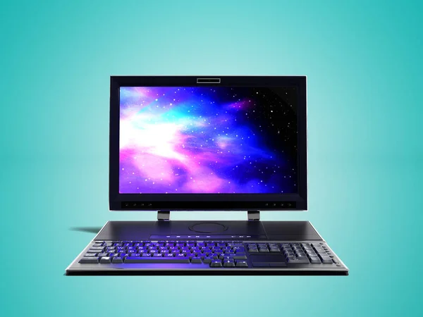 Desktop Computer Mit Monitor Und Tastatur Vor Renderer Auf Blauem — Stockfoto