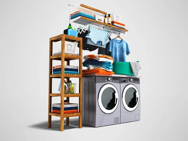 Modern concept of washing and drying machine with detergents on shelf with wood and iron and baskets with clothes on the left 3d render on gray background with shadow