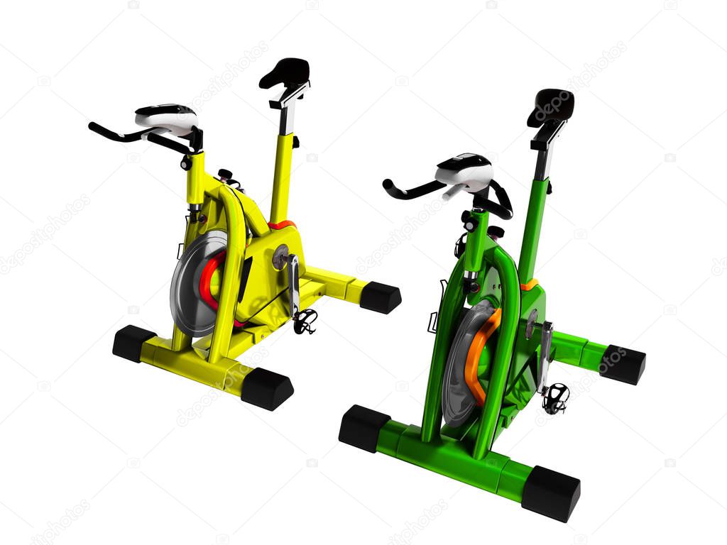 Modern yellow and green exercise bikes perspective 3d render on white background no shadow