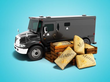 Çanta 3d render gölge ile mavi arka plan üzerinde de para taşıma için Modern siyah Zırhlı kamyon