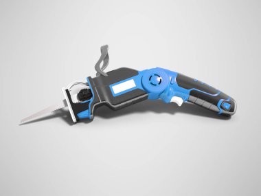 Modern mavi demir testeresi pille Bahçe işleri için gölgeli gri arka plan üzerinde 3d render yaz