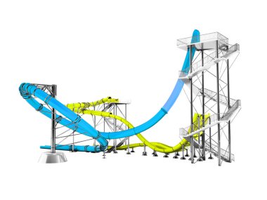 Modern mavi sarı su eğlence 3d render arkasında su parkı için beyaz arka plan üzerinde hiçbir gölge slaytlar