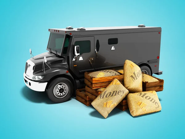 Çanta 3d render gölge ile mavi arka plan üzerinde de para taşıma için Modern siyah Zırhlı kamyon