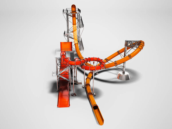 Modern large slides for an aquapark and beach entertainment in the summer perspective front 3d render on gray background with shadow