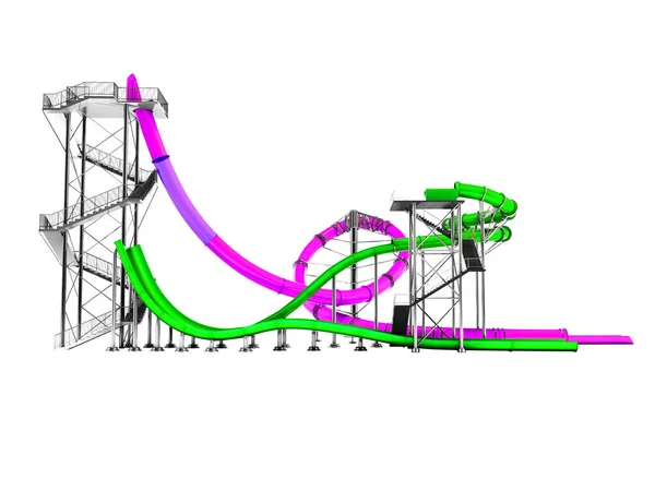 现代的两个紫色和绿色的水幻灯片 Aquapark 在白色背景上渲染的3D 侧面没有阴影 — 图库照片