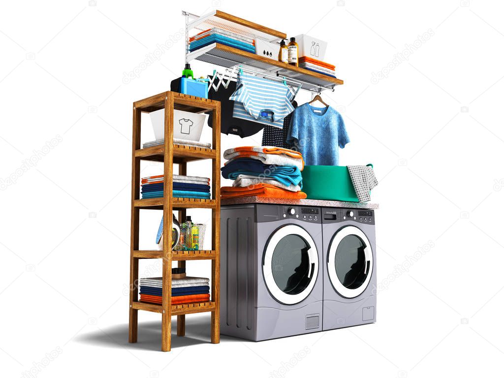 Modern concept of washing and drying machine with detergents on shelf with wood and iron and baskets with clothes on the left 3d render on white background with shadow