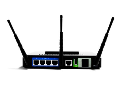 Modern siyah wifi yönlendirici üç antenler 3d render gölge beyaz zemin üzerine arkasında üç bilgisayara