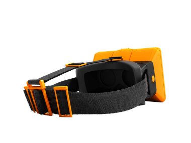 Askıları gidermek için modern turuncu sanal gerçeklik gözlüklerini beyaz arka plan üzerinde 3d render gölge yok kafa.