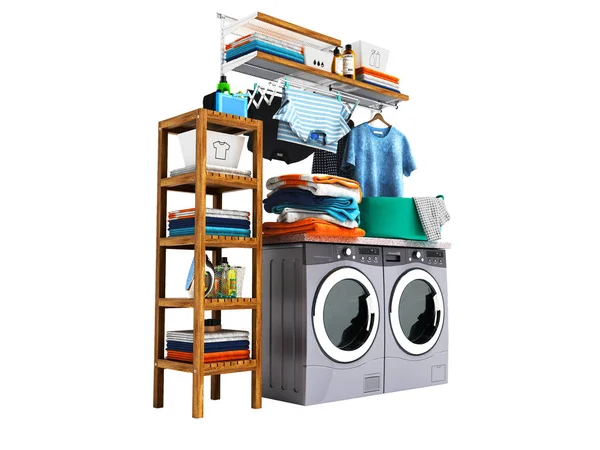 Modern Concept Washing Drying Machine Detergents Shelf Wood Iron Baskets — Stock Photo, Image