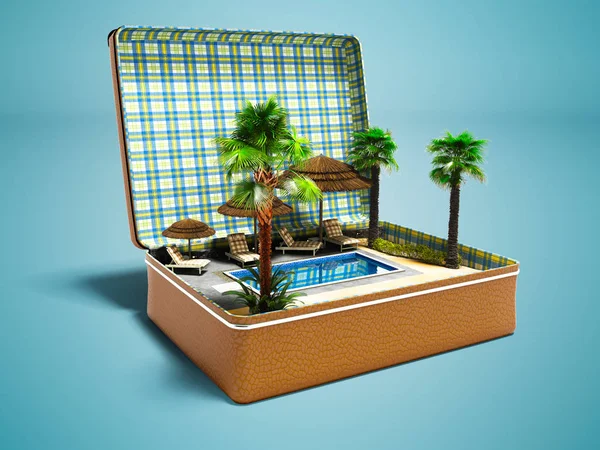 Dinlenme havuzu ile bavul 3d render gölge ile mavi arka plan üzerinde palmiye ağaçlarında yakınındaki modern kavramı