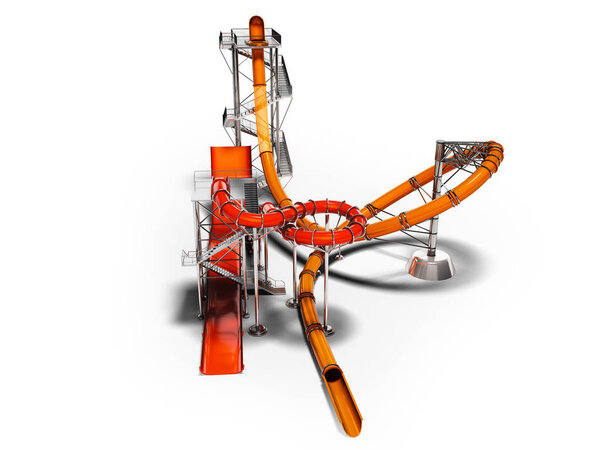 Modern large slides for an aquapark and beach entertainment in the summer perspective front 3d render on white background with shadow