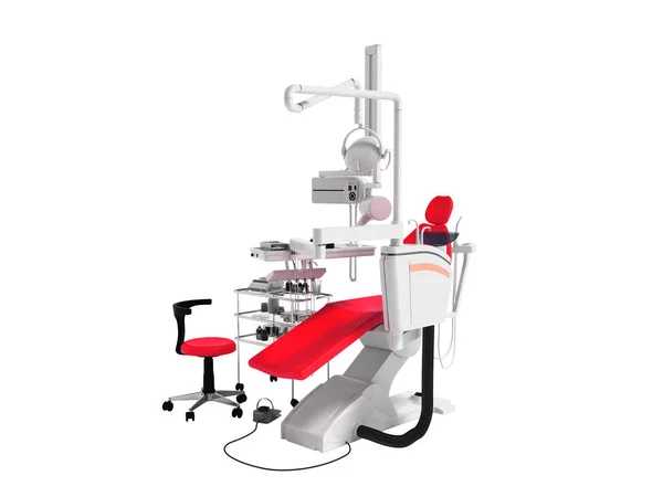 Современное Красное Кресло Стоматолога Белым Тумбочкой Инструментами Подсветкой Стоматологических Работ — стоковое фото