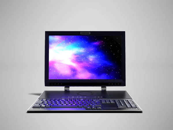 Desktop Computer Mit Monitor Und Tastatur Vor Renderer Auf Grauem — Stockfoto