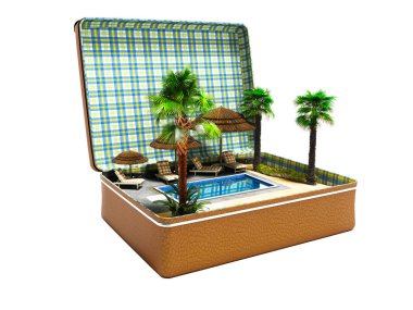 Gevşeme havuz palmiye ağaçlarında beyaz üzerine bavul 3d render ile yakın modern kavram arka plan gölge yok