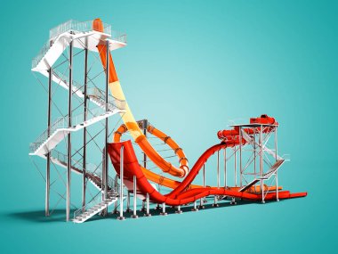 Modern büyük slaytlarda su eğlence yaz 3d render, park ve plaj için gölge ile mavi arka plan