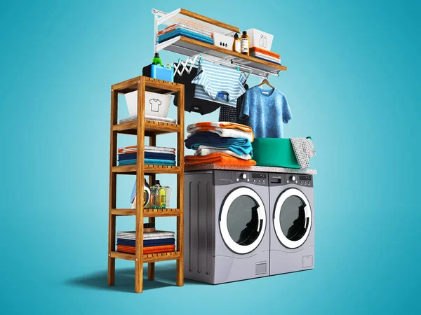 Modern concept of washing and drying machine with detergents on shelf with wood and iron and baskets with clothes on the left 3d render on blue background with shadow
