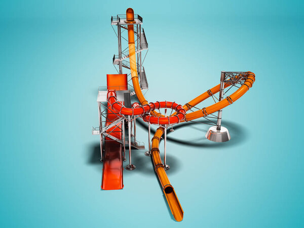 Modern large slides for an aquapark and beach entertainment in the summer perspective front 3d render on blue background with shadow