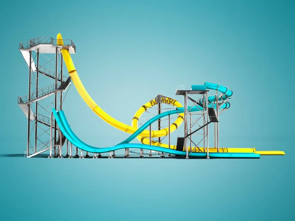 그림자와 파란색 배경에 렌더링 Aquapark 노란색과 파란색 슬라이드 — 스톡 사진