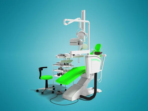 Современное Зеленое Кресло Стоматолога Белым Тумбочкой Инструментами Освещением Стоматологической Работы — стоковое фото