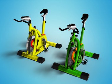 Modern sarı ve yeşil egzersiz bisikletleri perspektif 3d render gölge ile mavi arka plan üzerinde