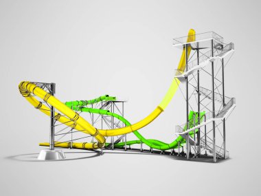 Modern sarı yeşil su slaytlar eğlence gölge ile gri arka plan üzerinde 3d rendering için su parkı için